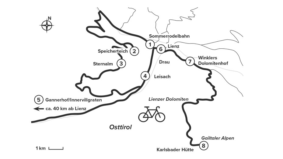 Man sieht eine Landkarte mit der Radroute in Osttirol,