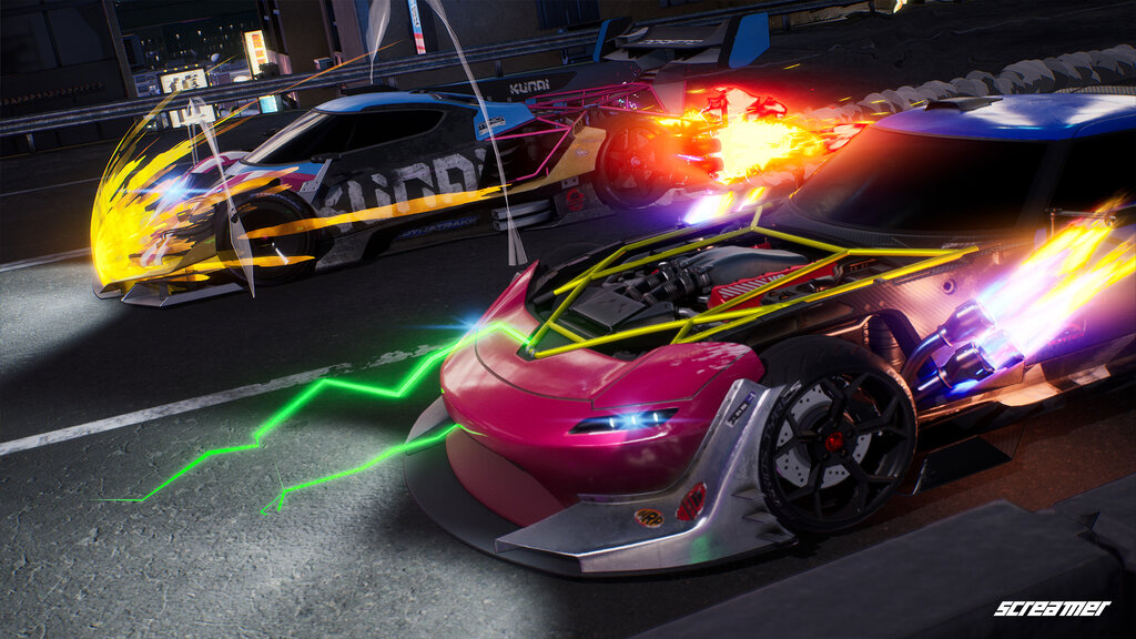 Screenshot aus Screamer. Zwei Autos racen, man sieht Blitze.
