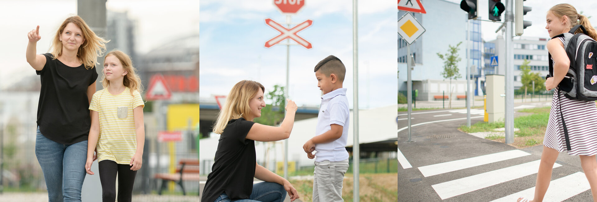 Collage aus Bildern die eine Frau und ein Schulkind am Schulweg in verschiedenen Verkehrssituationen zeigt
