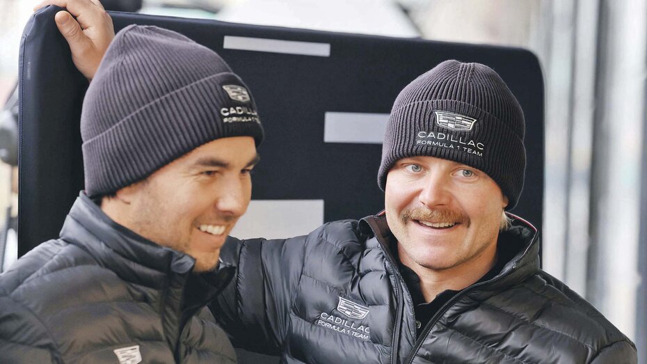 (L to R): Sergio Perez (MEX) Cadillac Formula 1 Team with team mate Valtteri Bottas (FIN) Cadillac Formula 1 Team.16.02.2026. Formula 1, Cadillac Formula 1 Team Car Filming Day, Silverstone, England, Friday.