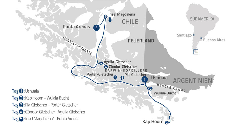 Karte der Südspitze Südamerikas mit Kreuzfahrt-Route der Stella Australis