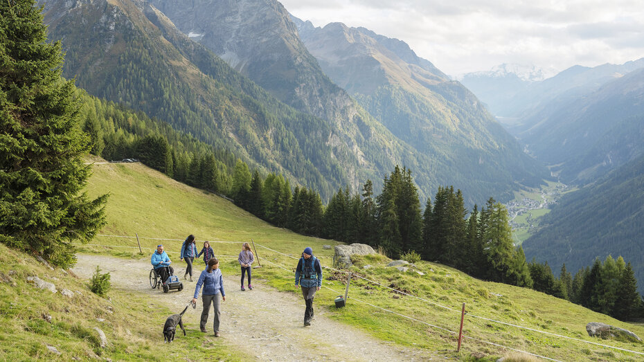 Mehrere Menschen spazieren auf einem barrierefreien Wanderweg in den Bergen. auch ein Rollstuhlfahrer ist dabei.