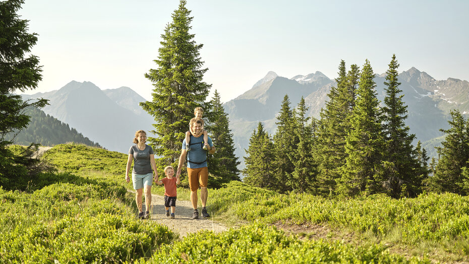 Familie wandert mit zwei kleinen Kindern