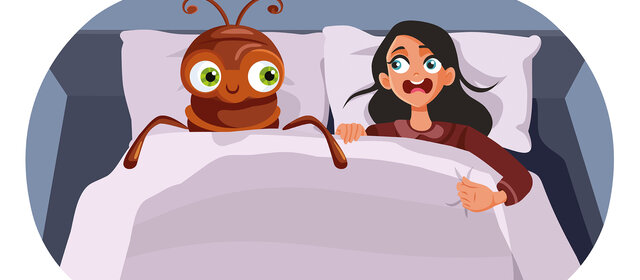 Illustration einer Frau, die im Bett neben einer überdimensionalen Wanze liegt