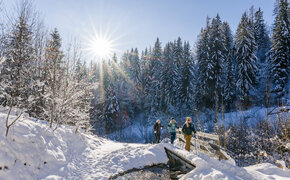winterwanderer gehen entlang eines Baches mit Wanderstöcken. Die Sonne scheint und der Schnee glitzert.