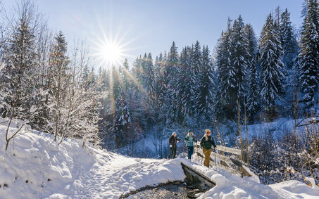 winterwanderer gehen entlang eines Baches mit Wanderstöcken. Die Sonne scheint und der Schnee glitzert.