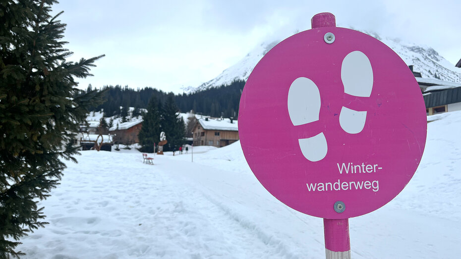Eine pinke Tafel, auf der in weiß "Winterwanderweg" geschrieben steht sowie zwei weiße Schuhabdrücke abgebildet sind, dahinter befindet sich eine winterliche Landschaft mit einem Berg und Bäumen.