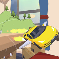 Gelbes Auto fliegt von Schreibstisch. Screenshot aus Pocket Wheels.