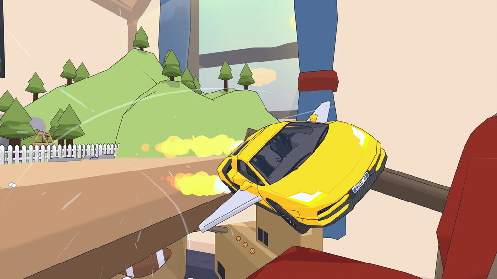 Gelbes Auto fliegt von Schreibstisch. Screenshot aus Pocket Wheels.