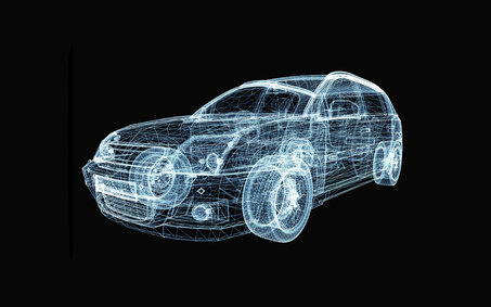 Abstrakte Grafik eines Autos mit leuchtenden Linien und Punkten. 3D-Illustration auf schwarzem Hintergrund. 