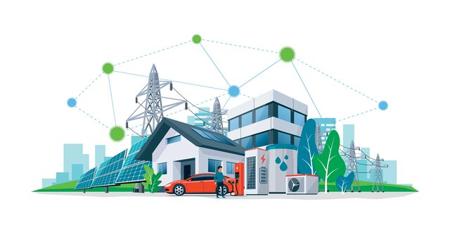 Illustration einer Stadt, in der ein Elektroauto mit dem Stromnetz verbunden ist