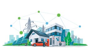 Illustration einer Stadt, in der ein Elektroauto mit dem Stromnetz verbunden ist