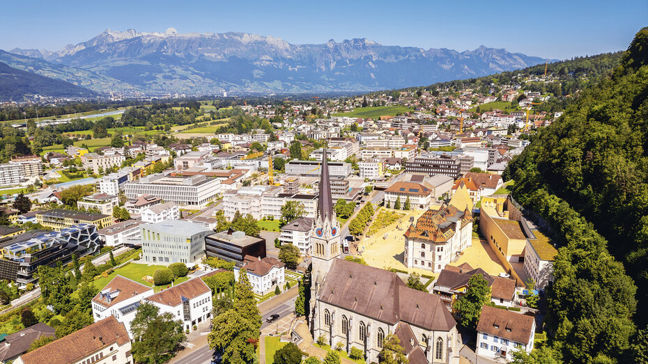 High angle Drone Point of View on Vaduz, Capital of Liechtenstein