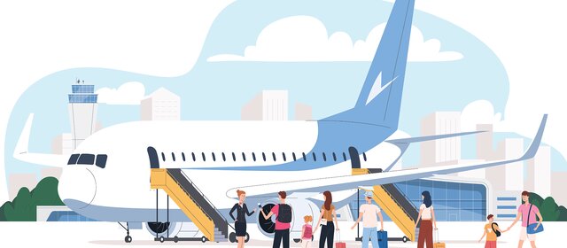 Eine Illustration mit Flugzeug und Passagieren. Die Passagiere warten draußen bevor sie einsteigen.