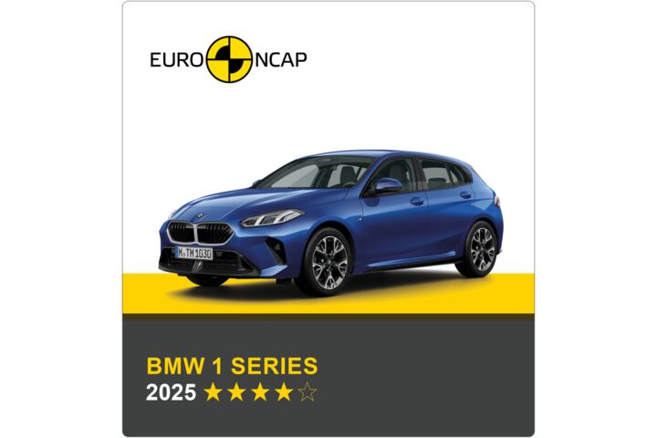 Auf dem Bild sieht man ein blaues Auto. Darüber das Logo des Crashtest-Konsortiums Euro NCAP. Unter dem Auto steht in gelber Schrift auf grauem Hintergrund, um welches Fahrzeug es sich handelt sowie die Sternebewertung, in weißer Schrift das Jahr des Tests.