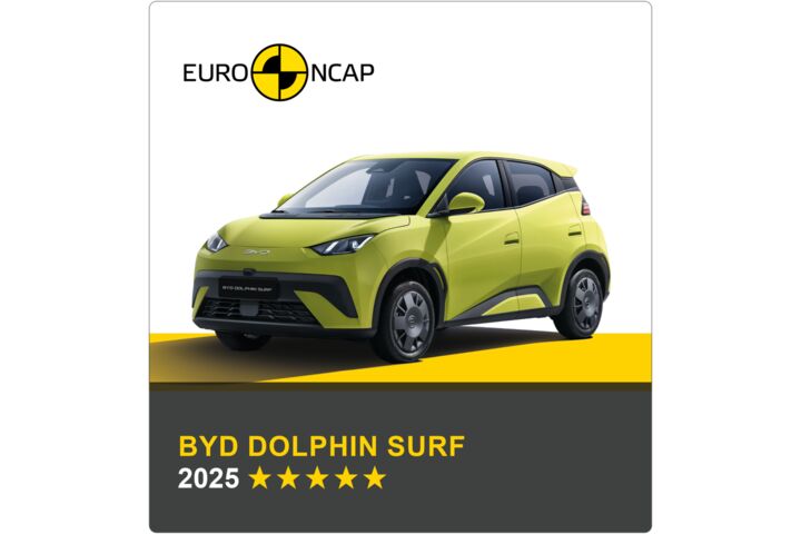 Auf dem Bild sieht man ein hellgrünes Auto. Darüber das Logo des Crashtest-Konsortiums Euro NCAP. Unter dem Auto steht in gelber Schrift auf grauem Hintergrund, um welches Fahrzeug es sich handelt sowie die Sternebewertung, in weißer Schrift das Jahr des Tests.
