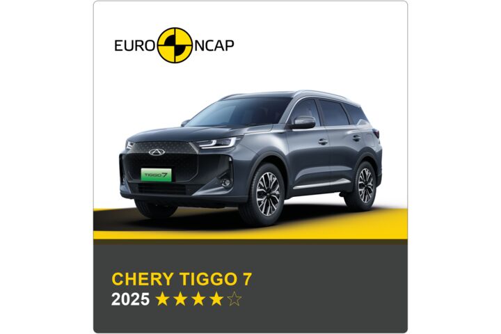 Auf dem Bild sieht man ein dunkelgraues Auto. Darüber das Logo des Crashtest-Konsortiums Euro NCAP. Unter dem Auto steht in gelber Schrift auf grauem Hintergrund, um welches Fahrzeug es sich handelt sowie die Sternebewertung, in weißer Schrift das Jahr des Tests.