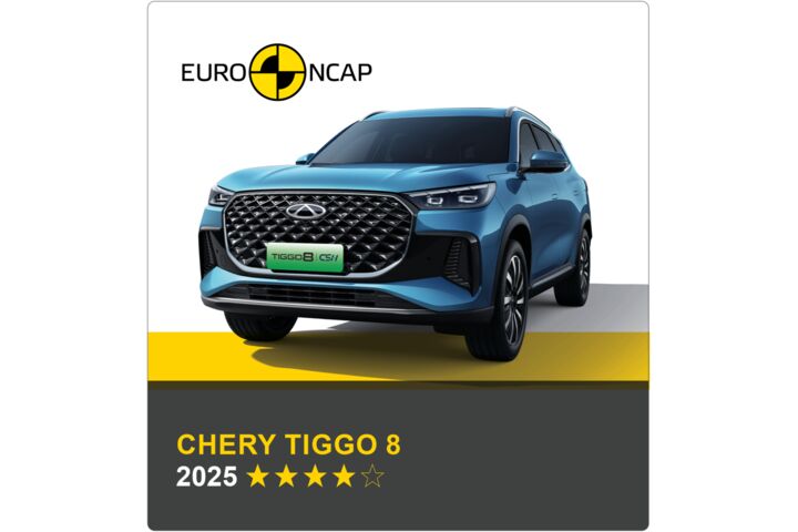 Auf dem Bild sieht man ein blaues Auto. Darüber das Logo des Crashtest-Konsortiums Euro NCAP. Unter dem Auto steht in gelber Schrift auf grauem Hintergrund, um welches Fahrzeug es sich handelt sowie die Sternebewertung, in weißer Schrift das Jahr des Tests.