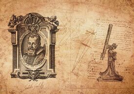 Ein altes Papier auf dem Galileo und sein Teleskop angebildet sind