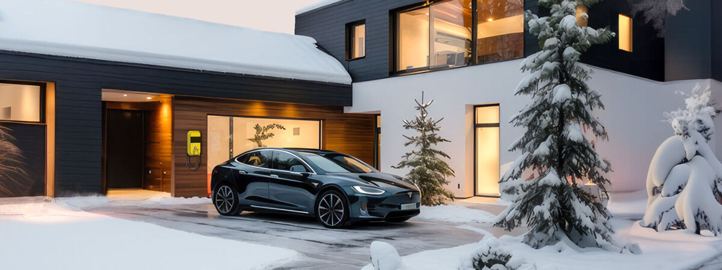 Ein Elektroauto steht vor einem Haus geparkt in verschneiter Umgebung.