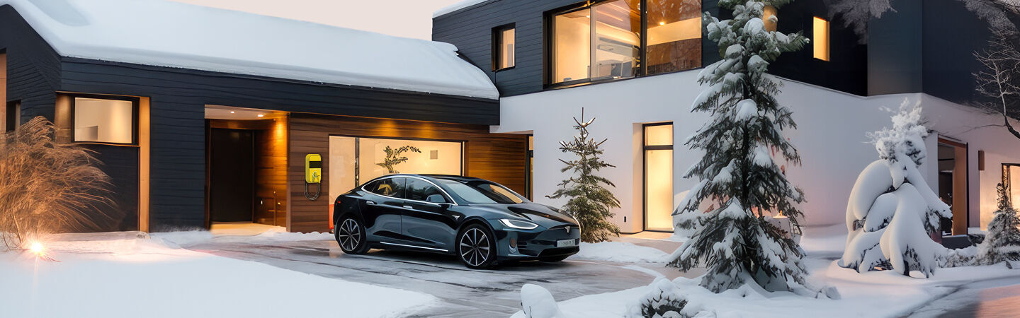 Ein Elektroauto steht vor einem Haus geparkt in verschneiter Umgebung.