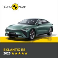 Crashtest: Exlantix ES Auf dem Bild sieht man ein dunkelgrünes Auto. Darüber das Logo des Crashtest-Konsortiums Euro NCAP. Unter dem Auto steht in gelber Schrift auf grauem Hintergrund, um welches Fahrzeug es sich handelt sowie die Sternebewertung, in weißer Schrift das Jahr des Tests.