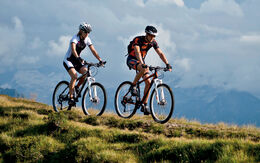 Zwei Mountainbiker im Sommer unterwegs im Gebirge.