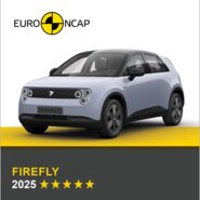 Auf dem Bild sieht man ein graues Auto. Darüber das Logo des Crashtest-Konsortiums Euro NCAP. Unter dem Auto steht in gelber Schrift auf grauem Hintergrund, um welches Fahrzeug es sich handelt sowie die Sternebewertung, in weißer Schrift das Jahr des Tests.