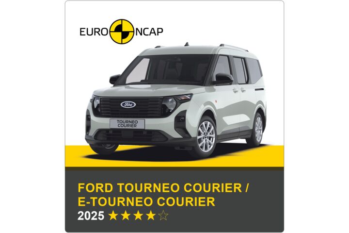 Auf dem Bild sieht man ein hellgraues Auto. Darüber das Logo des Crashtest-Konsortiums Euro NCAP. Unter dem Auto steht in gelber Schrift auf grauem Hintergrund, um welches Fahrzeug es sich handelt sowie die Sternebewertung, in weißer Schrift das Jahr des Tests.