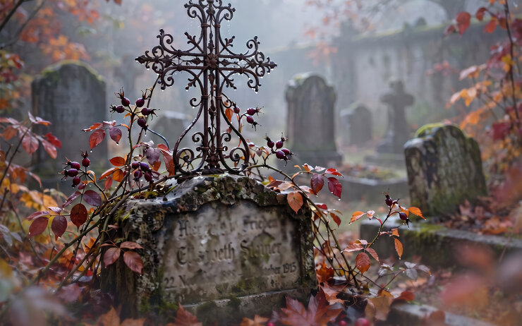 Zu sehen ist ein Friedhof im Herbst, im Fokus steht ein altes Grab mit schmiedeeisen-Kreuz.
