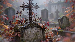 Zu sehen ist ein Friedhof im Herbst, im Fokus steht ein altes Grab mit schmiedeeisen-Kreuz.