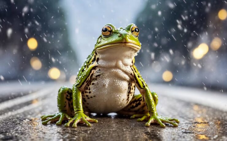 Frosch sitzt im Regen auf einer Straße.