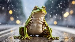Frosch sitzt im Regen auf einer Straße.