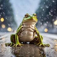 Frosch sitzt im Regen auf einer Straße.