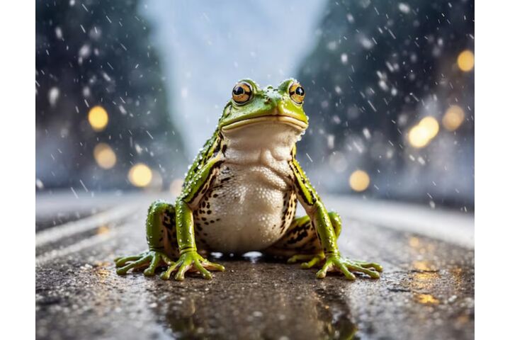Frosch sitzt im Regen auf einer Straße.