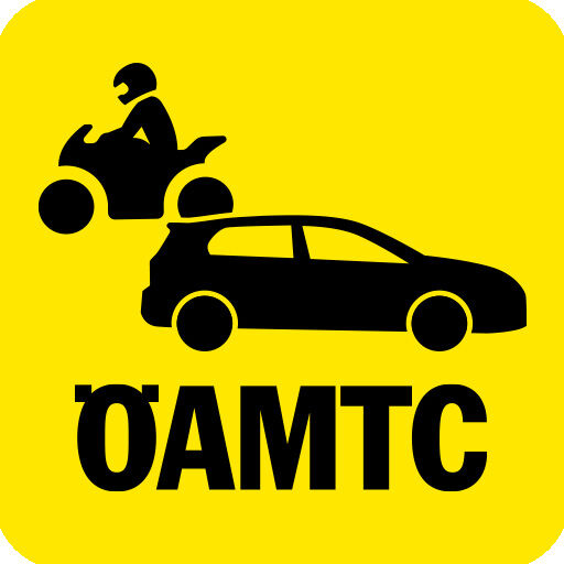 Logo der der ÖAMTC Führerschein-Test App - Grafik von einem Auto, Motorrad und dem Schriftzug ÖAMTC vor gelbem Hintergrund.