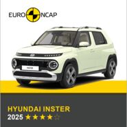 Auf dem Bild sieht man ein weißes Auto. Darüber das Logo des Crashtest-Konsortiums Euro NCAP. Unter dem Auto steht in gelber Schrift auf grauem Hintergrund, um welches Fahrzeug es sich handelt sowie die Sternebewertung, in weißer Schrift das Jahr des Tests.