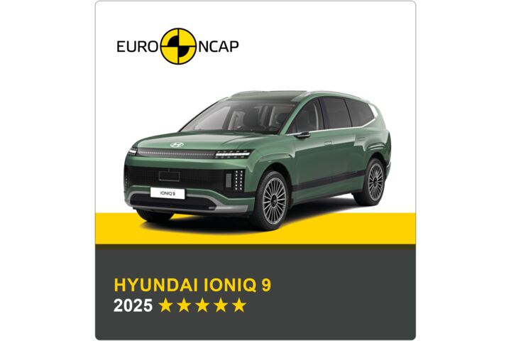 Auf dem Bild sieht man ein grünes Auto. Darüber das Logo des Crashtest-Konsortiums Euro NCAP. Unter dem Auto steht in gelber Schrift auf grauem Hintergrund, um welches Fahrzeug es sich handelt sowie die Sternebewertung, in weißer Schrift das Jahr des Tests.