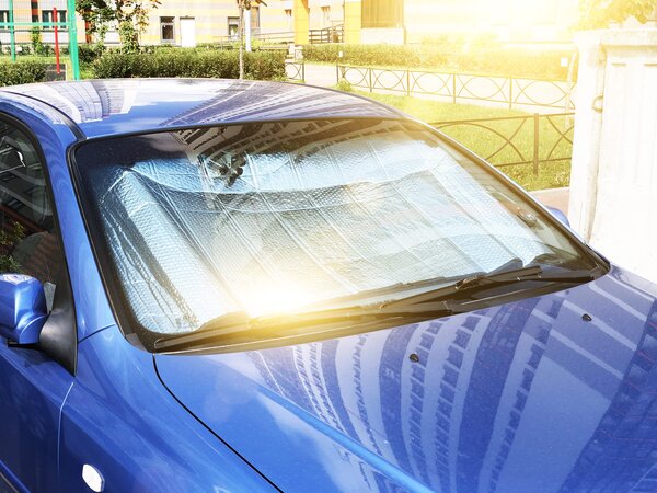 Auf dem Armaturenbrett eines in der Sonne geparkten Autos stehen bei  sommerlichen Temperaturen