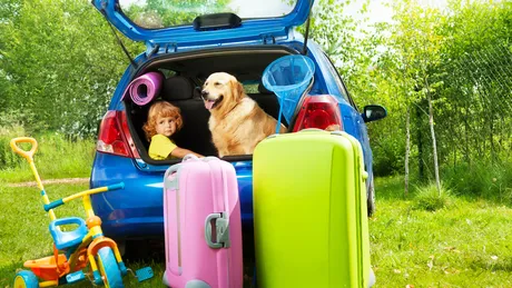 Ein blaues Autos befindet sich mit offenem Kofferraum in einem Garten. Im Kofferraum sitzen ein Kleinkind und ein Hund. Vor dem Auto stehen u.a. zwei Koffer und ein Tretroller - Gepäck für den Sommerurlaub.