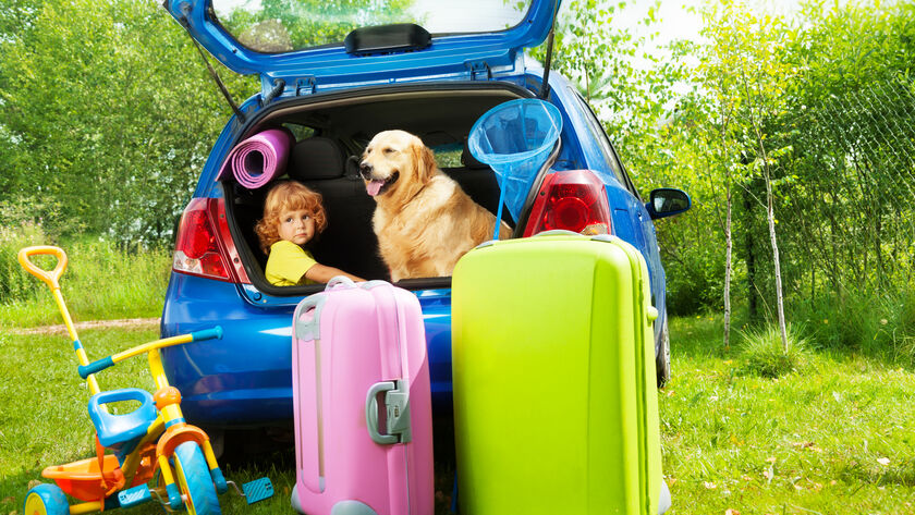 Ein blaues Autos befindet sich mit offenem Kofferraum in einem Garten. Im Kofferraum sitzen ein Kleinkind und ein Hund. Vor dem Auto stehen u.a. zwei Koffer und ein Tretroller - Gepäck für den Sommerurlaub.