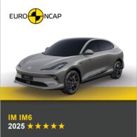 Crashtest: IM IM6 Auf dem Bild sieht man ein graues Auto. Darüber das Logo des Crashtest-Konsortiums Euro NCAP. Unter dem Auto steht in gelber Schrift auf grauem Hintergrund, um welches Fahrzeug es sich handelt sowie die Sternebewertung, in weißer Schrift das Jahr des Tests.