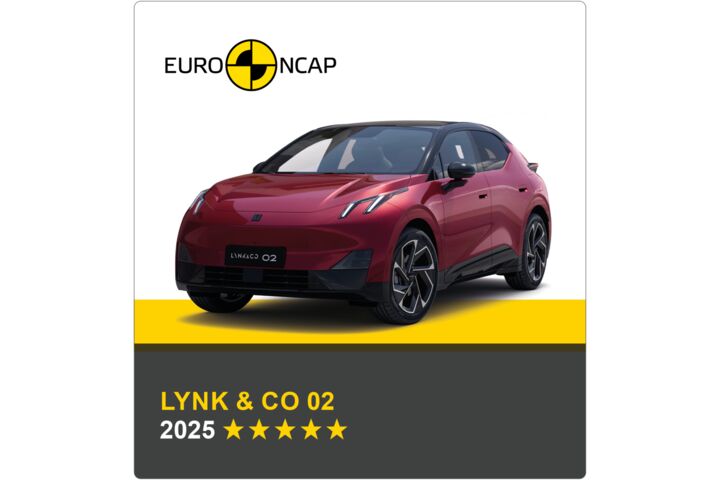 Auf dem Bild sieht man ein weinrotes Auto. Darüber das Logo des Crashtest-Konsortiums Euro NCAP. Unter dem Auto steht in gelber Schrift auf grauem Hintergrund, um welches Fahrzeug es sich handelt sowie die Sternebewertung, in weißer Schrift das Jahr des Tests.
