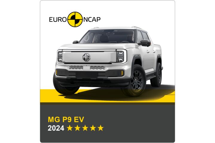 Auf dem Bild sieht man ein weißes Auto. Darüber das Logo des Crashtest-Konsortiums Euro NCAP. Unter dem Auto steht in gelber Schrift auf grauem Hintergrund, um welches Fahrzeug es sich handelt sowie die Sternebewertung, in weißer Schrift das Jahr des Tests.