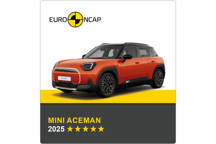 Auf dem Bild sieht man ein oranges Auto. Darüber das Logo des Crashtest-Konsortiums Euro NCAP. Unter dem Auto steht in gelber Schrift auf grauem Hintergrund, um welches Fahrzeug es sich handelt sowie die Sternebewertung, in weißer Schrift das Jahr des Tests.