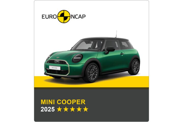 Auf dem Bild sieht man ein grünes Auto. Darüber das Logo des Crashtest-Konsortiums Euro NCAP. Unter dem Auto steht in gelber Schrift auf grauem Hintergrund, um welches Fahrzeug es sich handelt sowie die Sternebewertung, in weißer Schrift das Jahr des Tests.