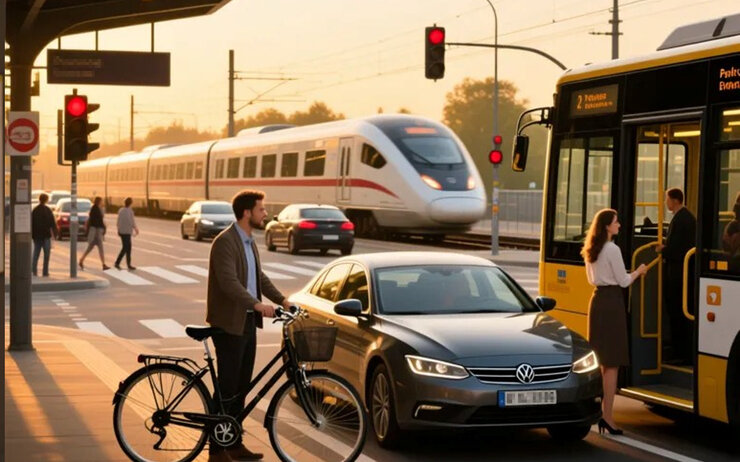 Auto, Fahrradfahrer, eine Frau, die in den Bus einsteigt, eine S-Bahn
