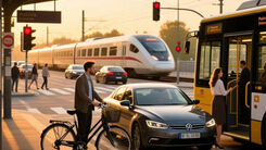 Auto, Fahrradfahrer, eine Frau, die in den Bus einsteigt, eine S-Bahn