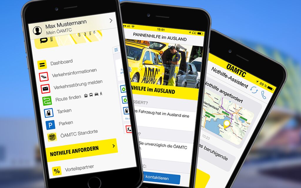 Drei Smartphones leicht verschoben übereinander. Am Display ist die ÖAMTC-App geöffnet. Der Benutzer hat die Möglichkeit, über die App Nothilfe zu beantragen.