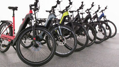 7 Offroad-E-Bikes stehen aufgereiht seitlich im Bild.